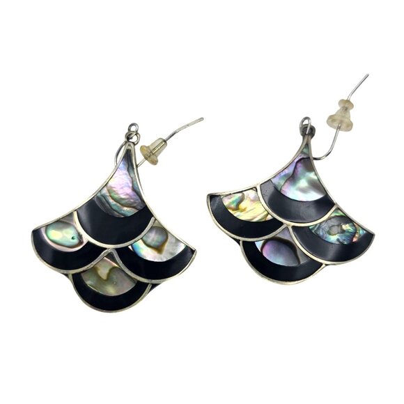 Handmade Alpaca Silver Abalone & Black Onyx Inlay Earrings - Picture 2 of 13